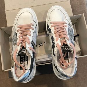 Golden Goose Ballstars with silver glitter star and pink laces; new in box